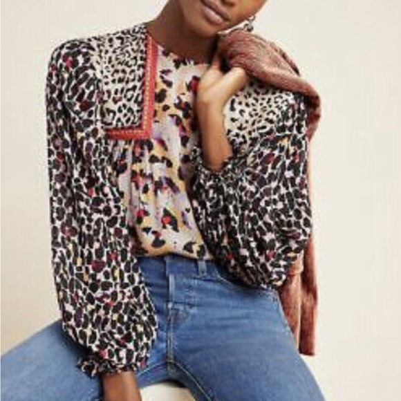 Anthropologie Tops - Anthropologie Bl^nk London Joelle Peasant Blouse LP Leopard Print Embroidered